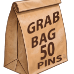 Grab bag of 50 random Outback pins shown with a textured paper bag graphic. Every bag is different.