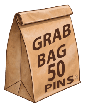 Grab bag of 50 random Outback pins shown with a textured paper bag graphic. Every bag is different.