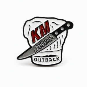 Kitchen Manager lapel pin featuring a large knife and a chef's hat, along with the Outback logo