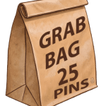 Grab bag of 25 random pins shown with a textured paper bag graphic. Every bag is different.