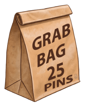 Grab bag of 25 random pins shown with a textured paper bag graphic. Every bag is different.