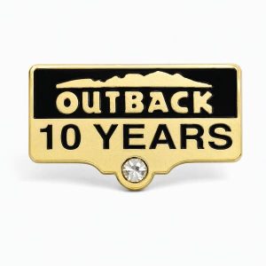 Years of Service lapel pins for 10 years, featuring the number of years, Outback logo and a rhinestone detail.