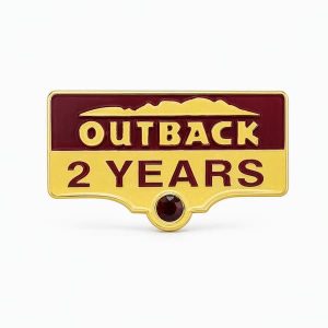 Years of Service lapel pins for 2 years, featuring the number of years, Outback logo and a rhinestone detail.