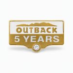 Years of Service lapel pins for 5 years, featuring the number of years, Outback logo and a rhinestone detail.