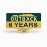 Years of Service lapel pins for 6 years, featuring the number of years, Outback logo and a rhinestone detail.