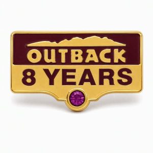 Years of Service lapel pins for 8 years, featuring the number of years, Outback logo and a rhinestone detail.