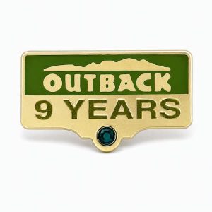 Years of Service lapel pins for 9 years, featuring the number of years, Outback logo and a rhinestone detail.