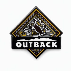 Outback pin designed with Aboriginal‑inspired tribal artwork, including stylized silhouettes of a kangaroo and snake in traditional pattern motifs.