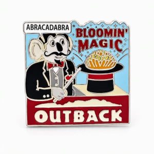 Outback‑themed ‘Bloomin Magic’ pin showing a magician koala conjuring a Bloomin’ Onion from his hat while saying ‘abra cadabra.’