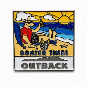 Outback‑themed ‘Bonzer Times’ pin showing a relaxed kangaroo in sunglasses on the beach, lifting a cold beer from an ice bucket while the sun shines in the background.