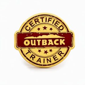 Outback Steakhouse Certified Trainer pin designed as an official badge with bold text and branded styling.