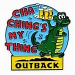 Happy crocodile rushing off to serve 3 cold beers on a platter saying "Cha Ching's My Thing" with bold Outback Logo