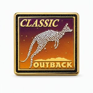 Lapel pin with the phrase 'Classic' with a silhouette of a kangaroo by stars, with an Outback logo