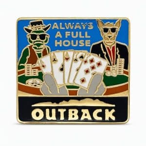 Outback‑themed ‘Always a Full House’ pin with a cool croc and kangaroo in sunglasses playing poker and displaying a winning full house.