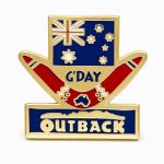 Outback‑themed ‘G’Day’ pin featuring the Australian flag and a boomerang in bright, iconic Aussie styling.
