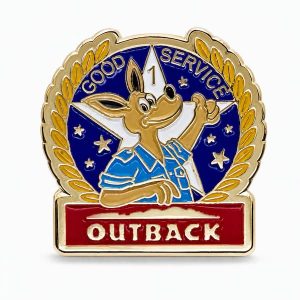 A pin that says "good service" with a kangaroo in workwear giving a thumbs up, designed by The Pin Center