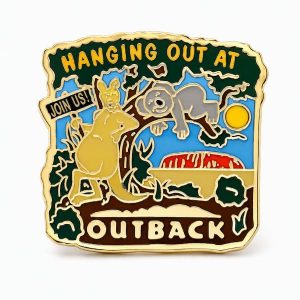 A very relaxed koala and kangaroo "Hanging out at Outback" under a tree, with a sign "join us!" and Australian landscape in the background