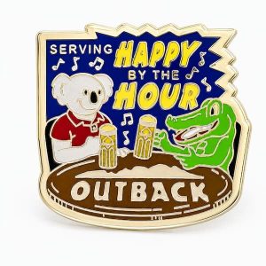 Kangaroo dressed up as Uncle Sam pointing at the viewer, saying 'We want you' with a USA flag in the backdrop. A lapel pin with the Outback logo, created by The Pin Center
