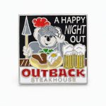 'A happy night out' with a smiling koala dressed up as a knight, with an enormous steak, baked potato, and two ice cold beers at Outback Steakhouse