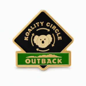 Lapel pin crafted by The Pin Center, with the phrase 'Koality Circle' with a happy koala and the Outback logo