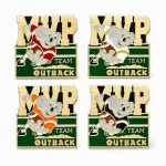 4 assorted "MVP" lapel pins featuring a koala playing football, and wearing a different color jersey on each pin. Outback lapel pin crafted by The Pin Center