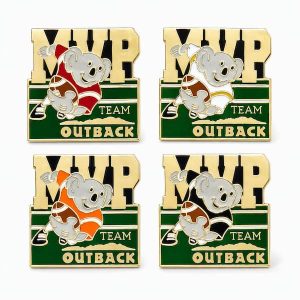 4 assorted "MVP" lapel pins featuring a koala playing football, and wearing a different color jersey on each pin. Outback lapel pin crafted by The Pin Center