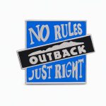 Lapel pin featuring the phrase, "No Rules, Just Right" and the Outback logo, created by the Pin Center