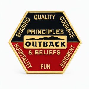 Principles & Beliefs lapel pin for Outback Steakhouse, which include: Sharing, Quality, Courage, Hospitality, fun and Judgment