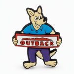 Fun rubberized PVC lapel pin with a cartoon kangaroo holding the outback sign up