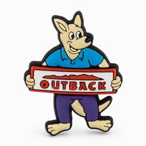 Fun rubberized PVC lapel pin with a cartoon kangaroo holding the outback sign up
