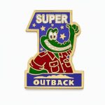 Happy croc giving a 'thumbs up' with the phrase 'SUPER' and #1 behind the croc. Lapel pin with Outback logo, created by The Pin Center