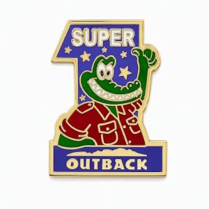 Happy croc giving a 'thumbs up' with the phrase 'SUPER' and #1 behind the croc. Lapel pin with Outback logo, created by The Pin Center