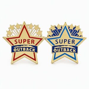 Two lapel pins with slight color variations featuring a "Super" star with the Outback logo, created by The Pin Center