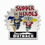 Outback lapel pin featuring a kangaroo and a koala dressed up in super hero gear with the phrase 'Supper Heroes', created by The Pin Center