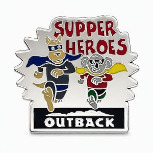 Outback lapel pin featuring a kangaroo and a koala dressed up in super hero gear with the phrase 'Supper Heroes', created by The Pin Center