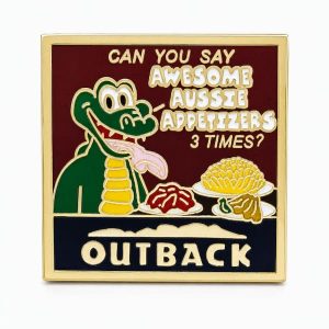Tongue Twister Outback lapel pin saying "can you say 'Awesome Aussie Appetizers 3 times?"