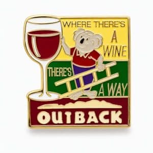 Outback lapel pin of a koala with the phrase 'Where There's a Wine There's a Way" with a giant wine glass
