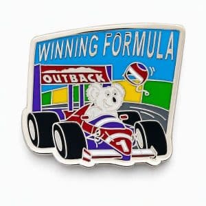 Lapel pin featuring a racecar driving koala with the phrase 'Winning Formula" and Outback logo, designed by The Pin Center