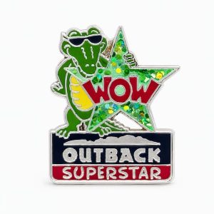 Cool croc with sunglasses and the phrase 'Wow Superstar' in front of a glittering star with the Outback logo- lapel pin crafted by The Pin Center