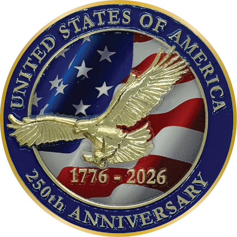 How Custom Pins and Challenge Coins Are Made: Behind the Scenes at The Pin Center 9 America250 coin showcasing 3D design capabilities on a gold coin with a highly detailed bald eagle in flight above the USA flag, commemorating the 250th birthday of the United States of America